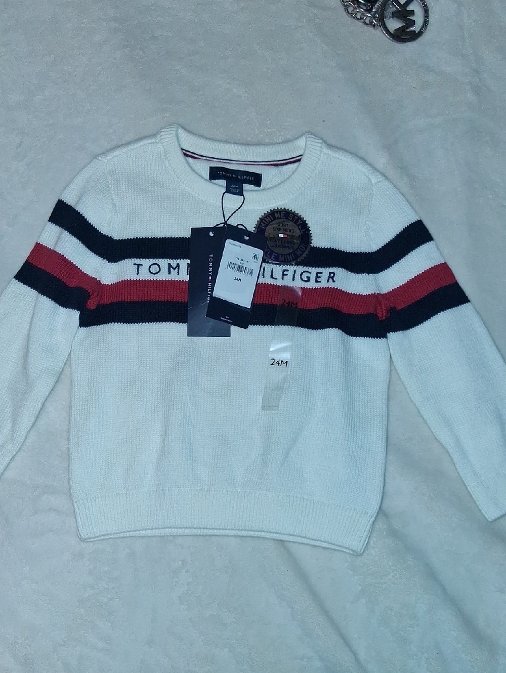 Tommy Hilfiger White Crewneck Sweater with Red & Navy Stripes